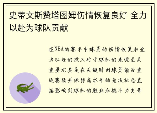 史蒂文斯赞塔图姆伤情恢复良好 全力以赴为球队贡献